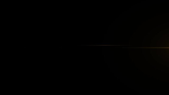 Golden cinematic lens flare overlay with horizontal light ray, scattered glow orbs, dramatic optical shine, ethereal light streaks, volumetric flash effects on dark black background 4K
