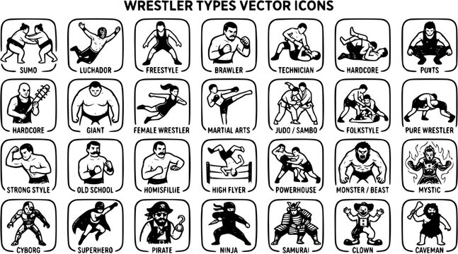 Diverse Wrestler Types Vector Icons Collection in Black  White Line Art Glyph Style, perfect for Sports, Combat Arts, and Character Design.