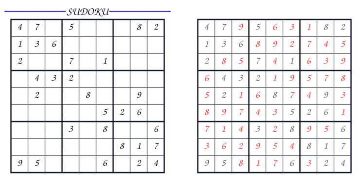 Sudoku puzzle with solved and unsolved grids on white background. Educational numeric entertainment for children and adult relaxation