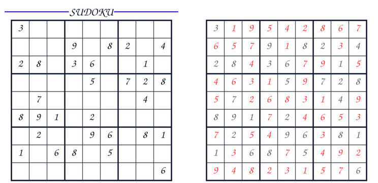 Sudoku puzzle grid with highlighted numbers and empty squares. Number-learning puzzle for children and a peaceful pastime for adults