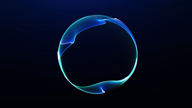 Cyan blue glowing digital sphere with smooth wireframe energy lines on dark background, futuristic technology orb for data, science, AI and abstract business visuals.