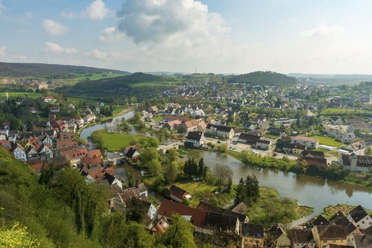 View of Harburg and River W&ouml;rnitz, Donau-Ries, Bavaria, Germany