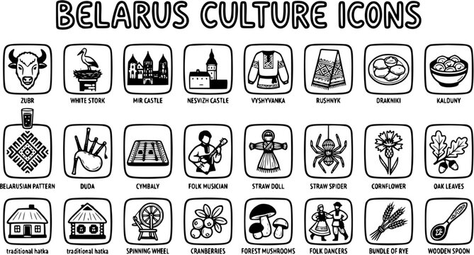 Black and White Line Art Glyphs of Belarusian Culture Icons: Traditional Symbols, Food, Landmarks, and Folk Elements Collection