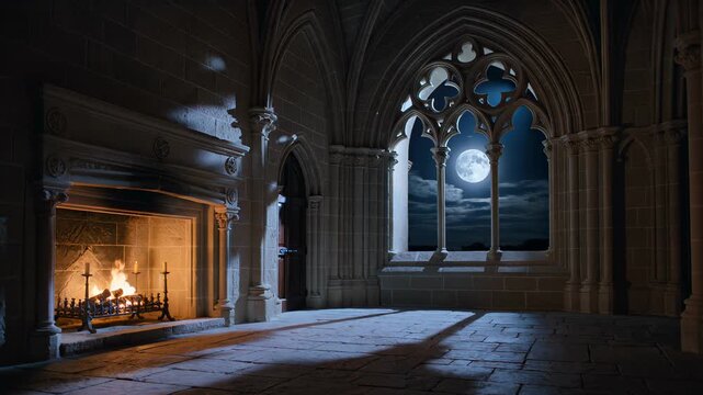Mysterious gothic castle interior with fireplace and moonlight view