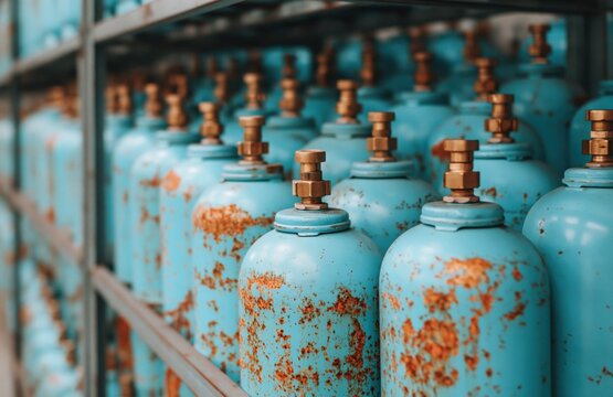 Close up view of numerous aged, light blue gas cylinders with visible rust and corrosion, neatly arranged on metal shelving units.