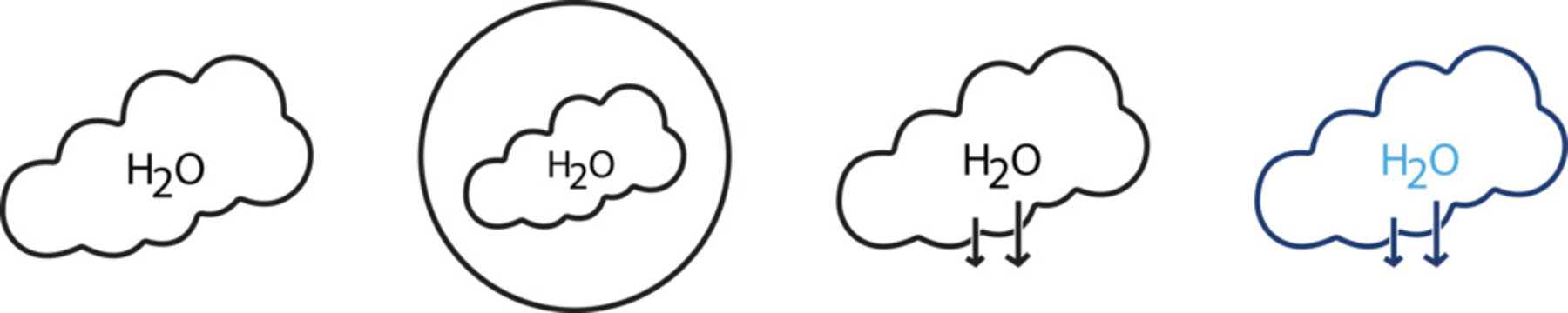 Set of simple cloud icons with h2o water chemical formula and rain arrows in black and blue outline style isolated on transparent background