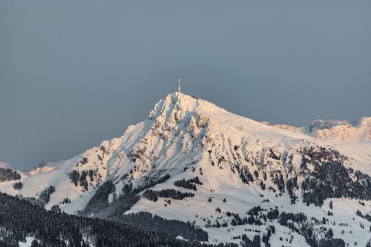 Kitzb&uuml;heler Horn with snow in winter, view from Brixen im Thale, Tyrol, Austria