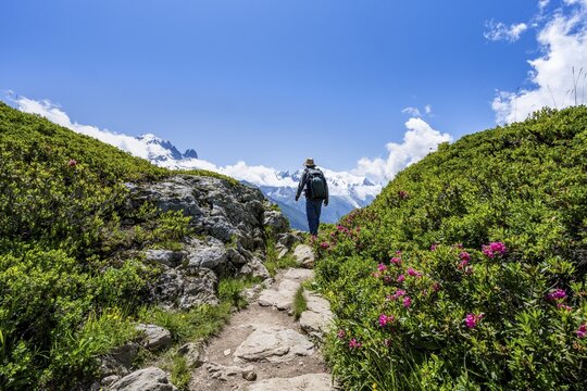 Mountaineers on hiking trail, mountain panorama with glaciated mountain peaks, Aiguille du Midi and Mont Blanc, Aiguille de Mesure and Aiguille de Chamois, hiking to Aiguillette des Posettes, Chamonix, Haute-Savoie, France