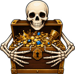 Opened pirate treasure chest full of gold coins and crown guarded by a skull © Fecsku