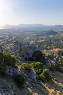 View over the island to the sea, rocks and hills, in the back island Kalymnos, Kos, Dodecanese, Greece