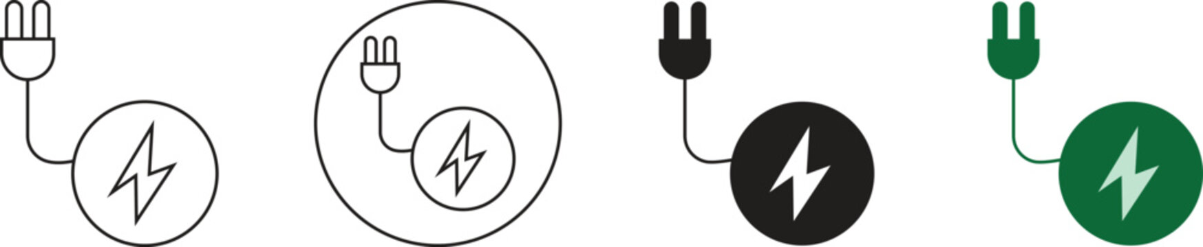 Set of electric plug and lightning bolt icons in line and solid styles for energy and power concept design isolated on transparent background