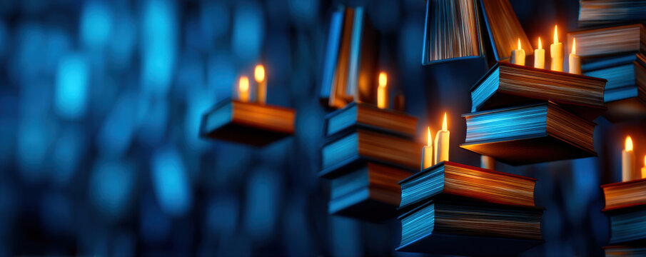 Floating book candle stack library magic enchanted glowing blue background floating book candle stack library magic enchanted glowing blue