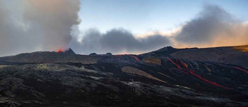 Erupting volcano with lava fountains and lava field, crater with erupting lava and lava flow, Fagradalsfjall, Kr&yacute;suv&iacute;k volcano system, Reykjanes Peninsula, Iceland
