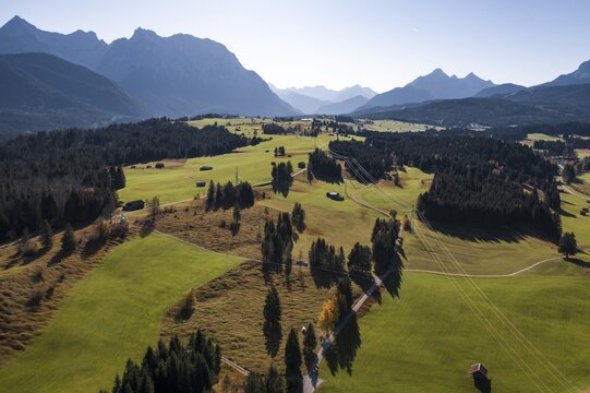 Aerial view, Bavarian foothills of the Alps, Werdenfelser Land, Wetterstein range, Upper Bavaria, Bavaria, Germany