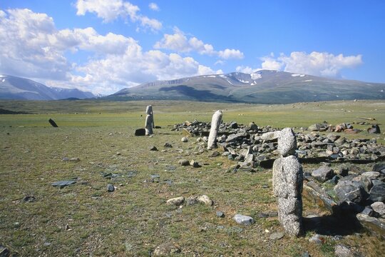 Stone stele of a Turkic warrior or Balbal, Sagsai river prehistoric burial site, Altai Mountains, Bayan-Olgii Province, Mongolia