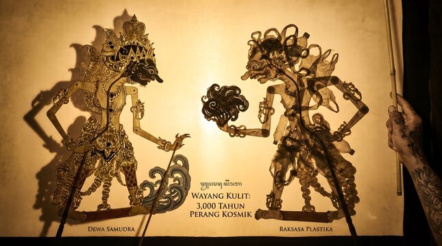 Indonesian Cultural Illustration of Sea God Dewa Samudra vs Plastic Waste Monster