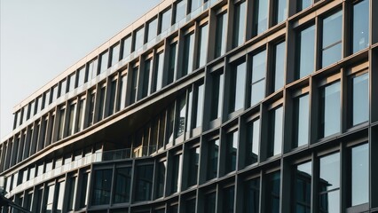 Obraz premium Architecture - Modern Glass Office Building Facade with Dark Metal Frames Reflecting Daylight at Golden Hour