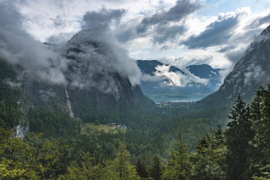 Waterfall of the Spratenbach, view to the Echerntal, Hallstatt and Hallst&auml;tter See, Salzkammergut, Upper Austria, Austria