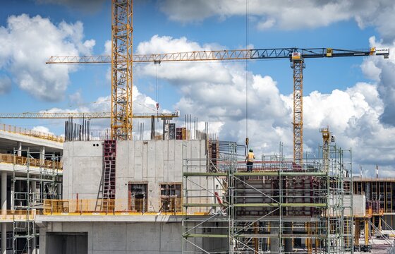 Cranes and construction work, building site at Munich Airport, Munich, Germany