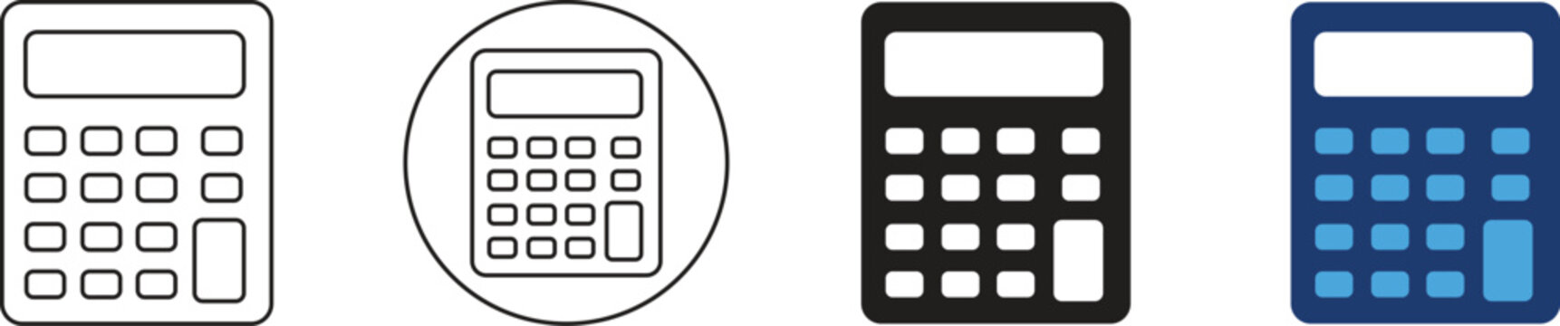 Set of four simple calculator icons representing math accounting and business finance in different graphic styles isolated on transparent background