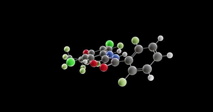 Noviflumuron molecule, rotating 3D model of benzoylurea insecticide, looped video on a black background
