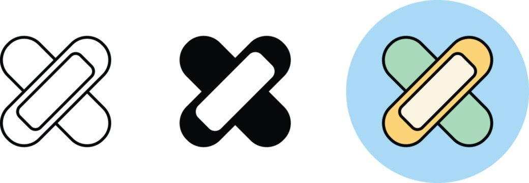 Adhesive bandage icon set representing cross medical plaster, first aid treatment and wound healing. Symbol of injury recovery, healthcare emergency, skin protection and clinical care.