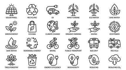Fototapeta premium Set of Eco-friendly and Renewable Energy Icons for Sustainable Living and Environmental Protection Themes