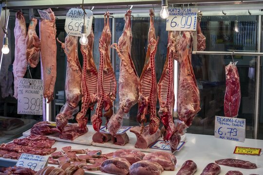 Raw meat at a stall, butcher's shop, central market, Athens, Greece