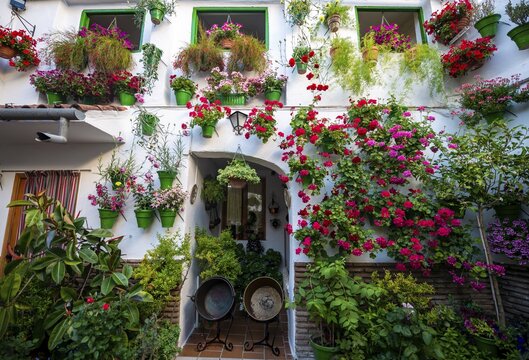 Patio decorated with flowers, geraniums in flower pots on the wall of the house with windows, Fiesta de los Patios, C&oacute;rdoba, Andalusia, Spain