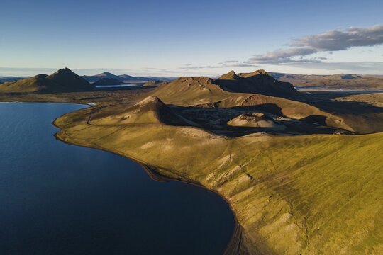 Aerial view, lake Frostasta&eth;avatn or Frostastadavatn and volcanic crater St&uacute;tur, Nor&eth;urn&aacute;mshraun lava field, Landmannalaugar, Fjallabak, Icelandic highlands, Iceland