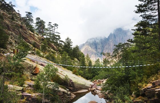Spasimata suspension bridge, Carozzu Hut, 1270 m, Corsica, France