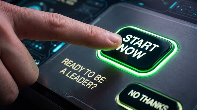 Finger pressing start now button on futuristic control panel with led lights prompting leadership and action