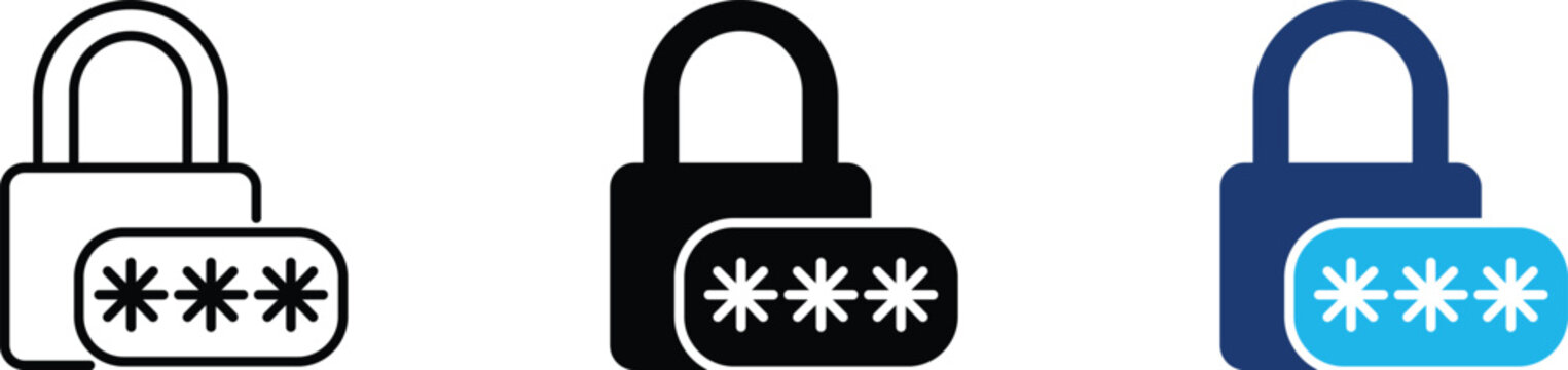 Padlock with password icon set representing digital security, account authentication and data privacy protection. Symbol of cyber safety, secret code access, firewall verification and system login.