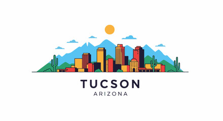 Fototapeta premium Stylized desert city skyline with mountains, cacti, and a sun