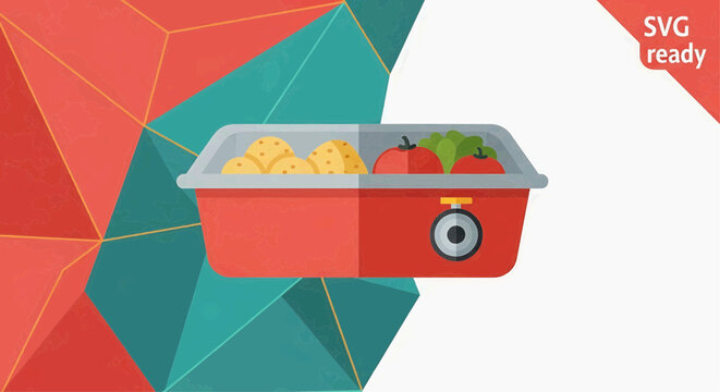 A vibrant red toaster oven contains fresh vegetables and fruits on a geometric patterned background
