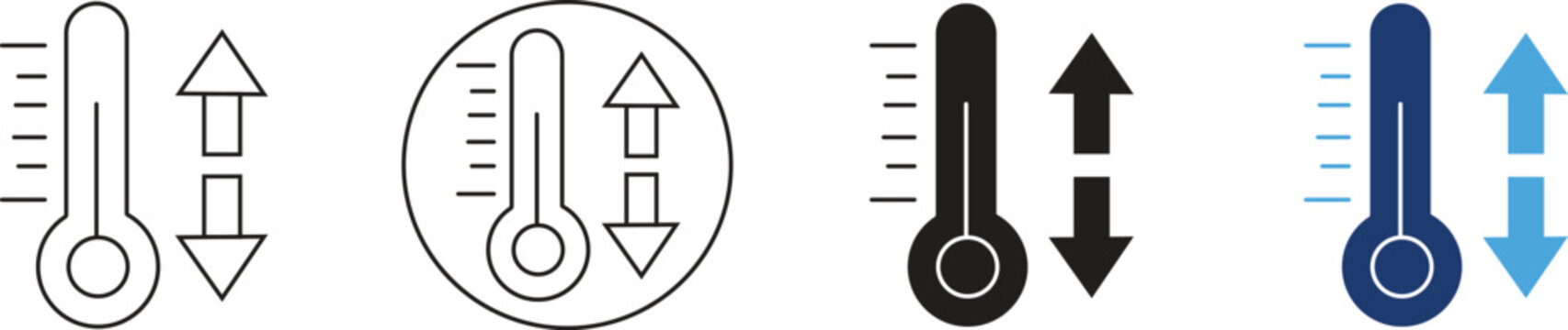 Set of thermometer icons with up and down arrows indicating temperature adjustment and climate control settings isolated on transparent background