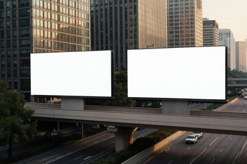 Fototapeta premium Two large blank billboards are positioned above a busy highway in a modern city. Skyscrapers rise behind the advertising panels, offering a vast space for commercial messages.