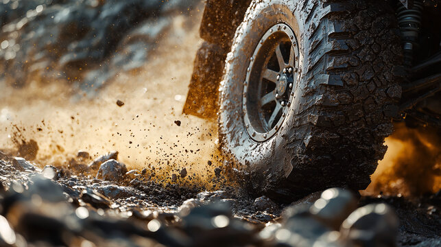 Off-road vehicle tire driving over rocky terrain with dust and dirt spray
