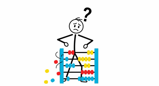Stick figure confused by a colorful abacus and scattered beads
