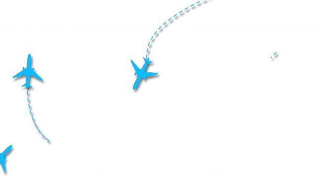 Animation of cargo and passenger aircraft flying along various trajectories or routes, indicated by dotted lines, on a white background. Air travel animation.