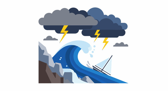 Stormy seas with lightning, a large wave, and a capsized boat