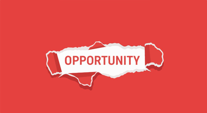 Red background with a torn paper effect revealing the word "OPPORTUNITY