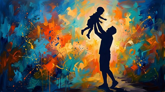 Joyful fatherhood silhouette of dad lifting child against vibrant abstract expressionist painting