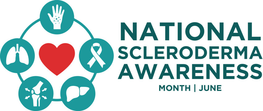 Scleroderma awareness month graphic design featuring medical icons including heart lungs joints and ribbon symbols for educational health campaigns and clinical support awareness programs vector