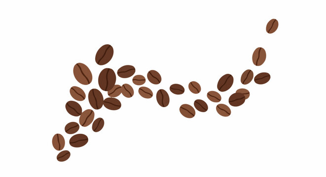 Scattered brown coffee beans form a wave-like pattern on a white background