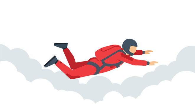 Person in red jumpsuit free-falling through clouds