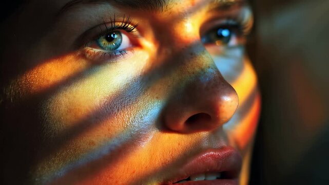 Girl looking with blue eyes as colorful light patterns shine on her face in a close-up shot taken indoors during daylight hours