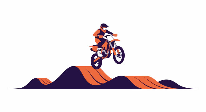 Motocross rider in orange and black gear jumps a dirt ramp
