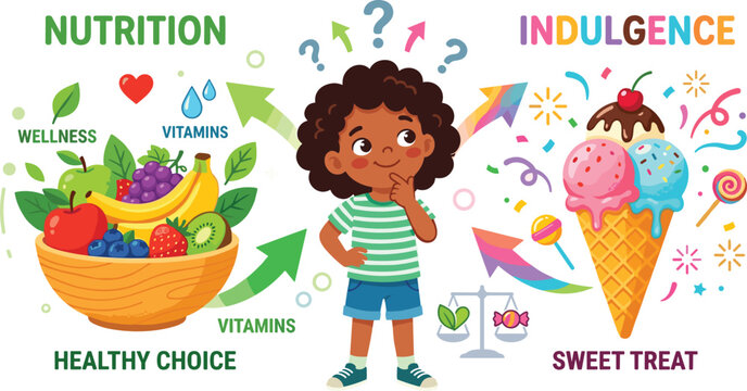 Cute black child thinking and choosing between healthy nutrition fruit bowl and sweet ice cream indulgence vector illustration