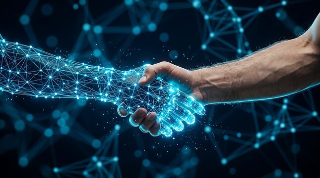 Kolaborasi Manusia dan AI: Jabat Tangan dengan Jaringan Digital Abstrak Canggih